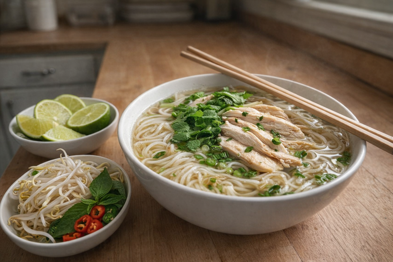 A beautifully plated bowl of Vietnamese Chicken Pho with lime wedges, bean sprouts, and chili peppers arranged artfully on the side. A pair of chopsticks rests on the bowl. Soft, natural lighting.
